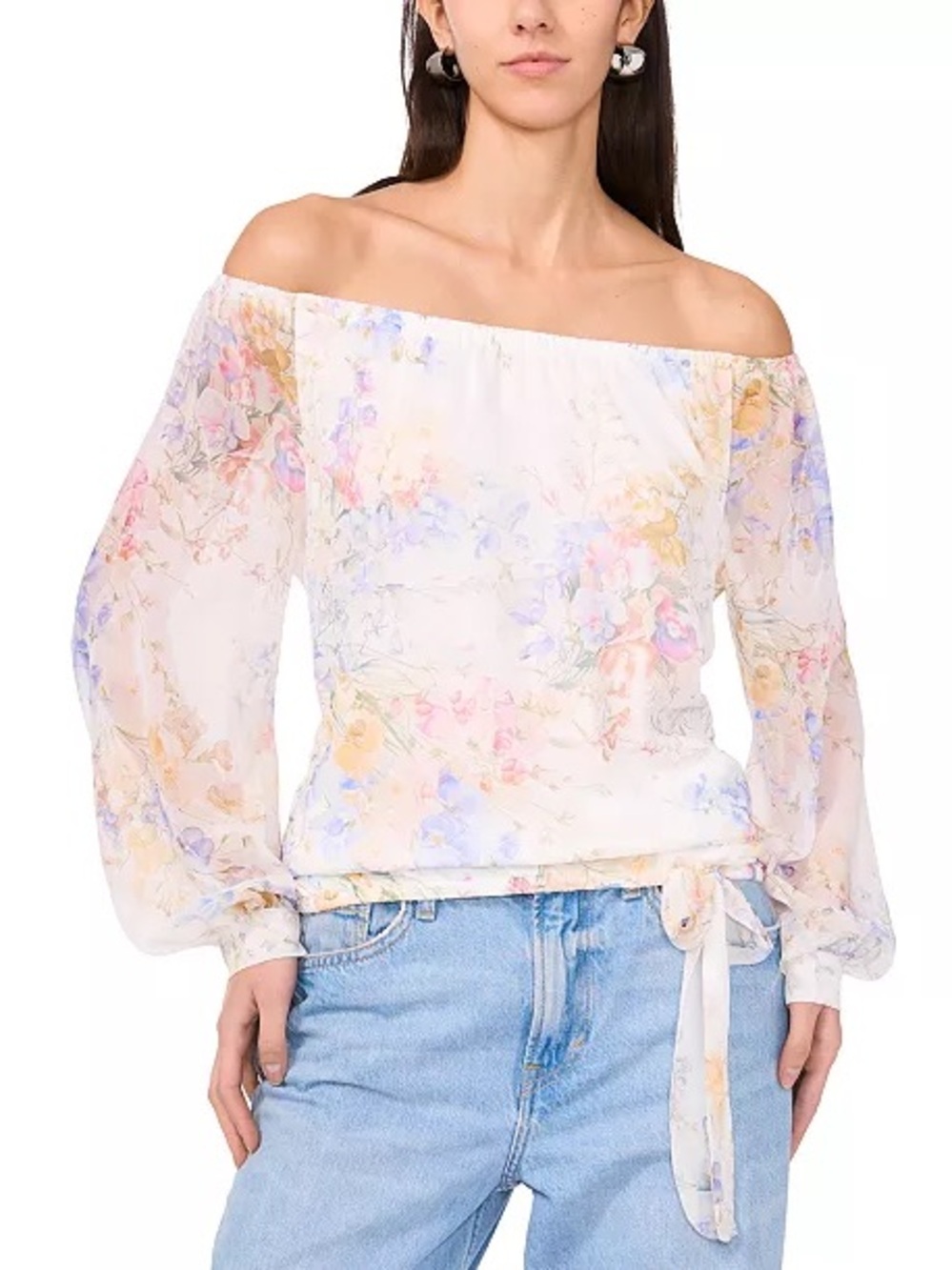 Vince Camuto Off-Shoulder Floral Tie-Hem Blouse White /Pastel Florals NWOT Large